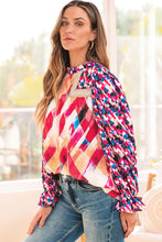 Load image into Gallery viewer, Rose Red Abstract Geometric Pattern Patchwork Puff Sleeve Blouse
