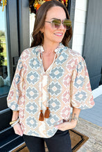 Load image into Gallery viewer, Khaki Geometric Print Tassel Tie Split Neck Balloon Sleeve Blouse
