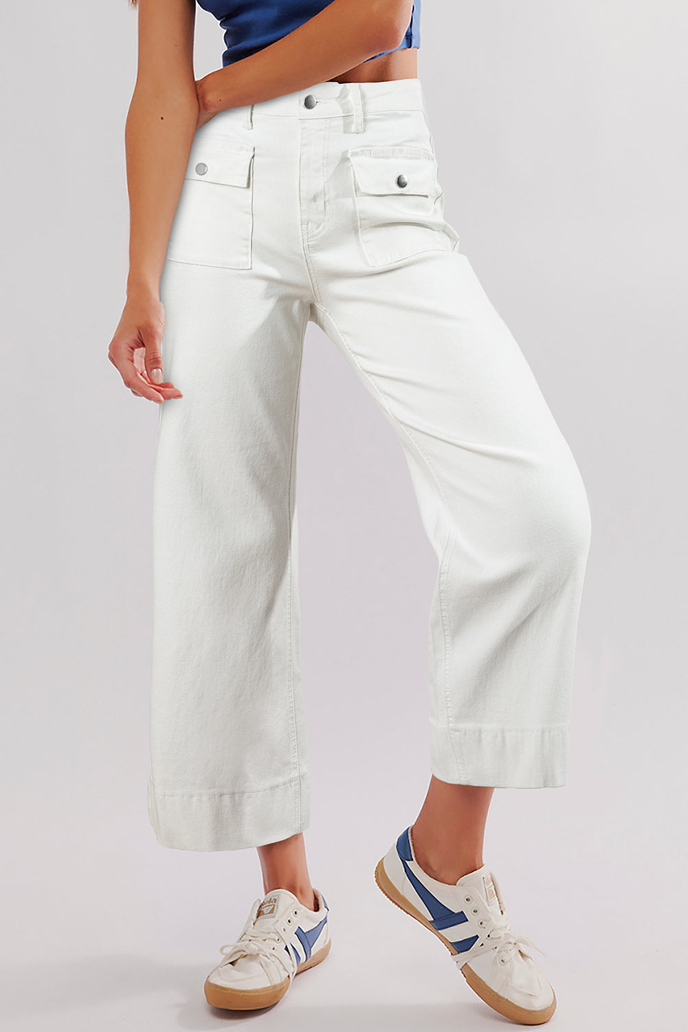 White Flap Pockets Front Straight Cropped Jeans