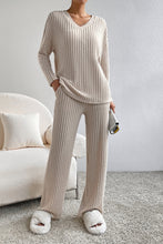 Load image into Gallery viewer, Khaki Ribbed Knit V Neck Slouchy Two-piece Outfit
