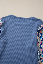 Load image into Gallery viewer, Ashleigh Blue Ruffled Floral Sleeve Patchwork Waffle Knit O Neck Blouse
