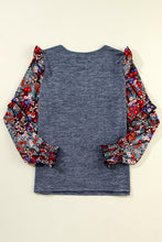 Load image into Gallery viewer, Blue Pale Chestnut Ruffle Tiered Floral Sleeve Crew Neck Blouse
