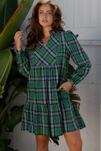 Load image into Gallery viewer, Green Plaid Print Frilly Collar Long Sleeve Shift Mini Dress
