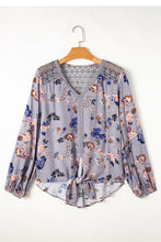 Load image into Gallery viewer, Sky Blue Floral Print Lace Patchwork Knot Front V Neck Blouse
