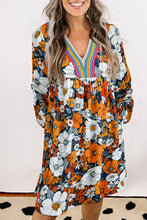 Load image into Gallery viewer, Orange Floral Print Striped Lace V Neck Long Sleeve Mini Dress
