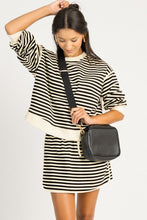 Load image into Gallery viewer, Black Stripe Textured Drop Shoulder Pullover Top Drawstring Mini Skirt Two Piece Dress Set

