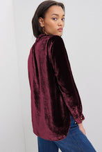 Load image into Gallery viewer, Burgundy Frilled Neck Buttoned Front Velvet Top
