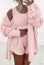 Load image into Gallery viewer, Light Pink 3 Pcs Crop Tank Top Shorts with Cardigan Lounge Set
