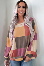 Load image into Gallery viewer, Rose Red Checkered Print Textured Knit Long Sleeve Loose Top
