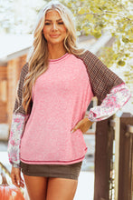 Load image into Gallery viewer, Fushia Mixed Print Raglan Sleeve Ribbed Knit Patchwork Blouse
