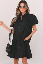 Load image into Gallery viewer, Black Shirt Style Button Down Puff Sleeve Ruffle Hem Dress
