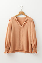 Load image into Gallery viewer, Straw Yellow Solid Color Shirred Cuff Notch V Neck Blouse

