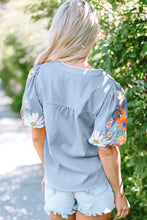 Load image into Gallery viewer, Beau Blue Floral Embroidered Puff Sleeve Split Neck Blouse
