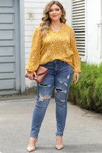 Load image into Gallery viewer, Yellow Plus Size Floral Print Ruched Split Neck Blouse
