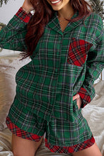 Load image into Gallery viewer, Green Plaid Contrast Patched Christmas Holiday Long Sleeve Shirt and Short 2pcs Pajama Set
