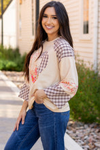 Load image into Gallery viewer, Beige Plaid Floral Peace Heart Graphic Wide Long Sleeve Top
