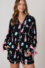 Load image into Gallery viewer, Color black Christmas Wine Glass Print Bow Knot Two Piece Pajama Set

