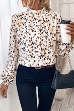 Load image into Gallery viewer, White Leopard Print Lantern Sleeve Mock Neck Pleated Blouse
