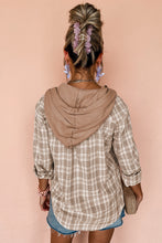 Load image into Gallery viewer, Khaki Checkered Print Loose Fit Buttoned Hooded Shacket
