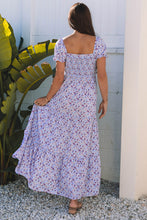 Load image into Gallery viewer, Purple Floral Short Bubble Sleeve Shirred High Waist Maxi Dress
