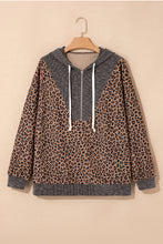 Load image into Gallery viewer, Khaki Ribbed Leopard Print Contrast Collar Zip Hooded Pullover Sweatshirt
