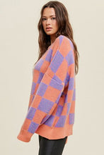 Load image into Gallery viewer, Grapefruit Orange Checkered Pattern Ribbed Trim Knit Baggy Sweater
