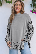 Load image into Gallery viewer, Gray Leopard High Neck Side Slit Oversized Sweater
