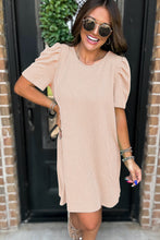 Load image into Gallery viewer, Parchment Corded Knit Crew Neck Puff Sleeve Shift Mini Dress
