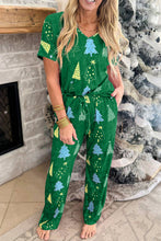 Load image into Gallery viewer, Green Christmas Tree Print V Neck Tee and Pants Lounge Set
