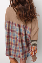 Load image into Gallery viewer, Straw Yellow Waffle Stripe Plaid Patchwork Henley Knit Top
