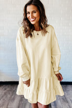 Load image into Gallery viewer, Beige Double Tiered Ruffle Hem Long Sleeve Loose Mini Dress
