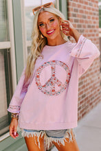 Load image into Gallery viewer, Light Pink Floral Peace Sign Graphic Drop Shoulder Wide Sleeve Casual Top
