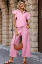 Load image into Gallery viewer, Pink Textured Ruffled Sleeve Zipped Top and Wide Leg Pants Set
