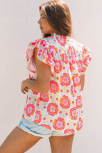 Load image into Gallery viewer, Rose Floral Ruffled Sleeve Ric-rac Trim Split Neck Loose Blouse
