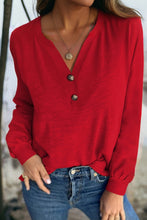 Load image into Gallery viewer, Racing Red Solid Color Button V Neck Long Sleeve Top
