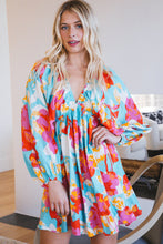 Load image into Gallery viewer, Sky Blue Floral Bracelet Sleeve Empire Waist Mini Dress
