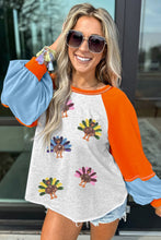 Load image into Gallery viewer, Light Grey Thanksgiving Turkey Sequin Graphic Color Block Long Raglan Sleeve Top
