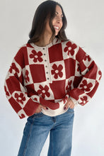 Load image into Gallery viewer, Red Dahlia Flower Plaid Henley Baggy Sweater
