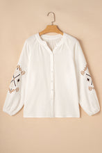 Load image into Gallery viewer, White Embroidered Textured Buttoned Crew Neck Shirt
