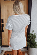 Load image into Gallery viewer, White Stripe Ruffled Short Sleeve Crew Neck T Shirt Shift Mini Dress

