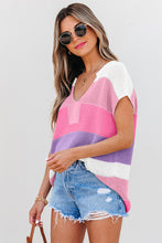 Load image into Gallery viewer, Pink Color Block Notch V Neck Sweater T Shirt
