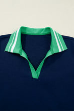 Load image into Gallery viewer, Navy Blue Contrast Striped Cuffs Polo Collar Patchwork Long Sleeve Ruffle Hem Mini Dress
