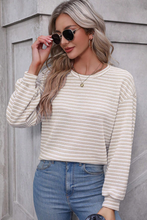 Load image into Gallery viewer, Khaki Stripe Round Neck Drop Shoulder Long Sleeve Top
