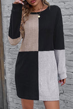 Load image into Gallery viewer, Black Ribbed Color Block Drop Shoulder Long Sleeve Mini Dress
