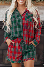 Load image into Gallery viewer, Red Plaid Contrast Patched Christmas Holiday Long Sleeve Shirt and Short 2pcs Pajama Set
