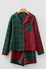 Load image into Gallery viewer, Red Plaid Contrast Patched Christmas Holiday Long Sleeve Shirt and Short 2pcs Pajama Set
