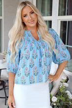 Load image into Gallery viewer, Sky Blue Floral Striped Print Shirred Yoke Split Neck Blouse
