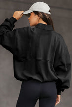 Load image into Gallery viewer, Black Half Zip Stand Collar Exposed Seam Solid Color Casual Sweatshirt
