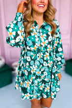 Load image into Gallery viewer, Green Floral Tiered Long Puff Sleeve Shirt Dress
