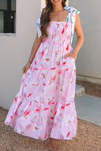 Load image into Gallery viewer, Pink Floral Print Knotted Shoulder Smocked Maxi Dress
